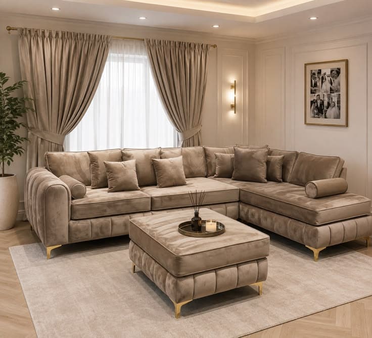 Luxury Beige Velvet Corner Sectional Sofa with Ottoman